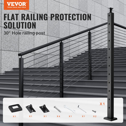 VEVOR Cable Railing Post, 42" x 1" x 2" Steel 30° Angled Hole Stair Railing Post,