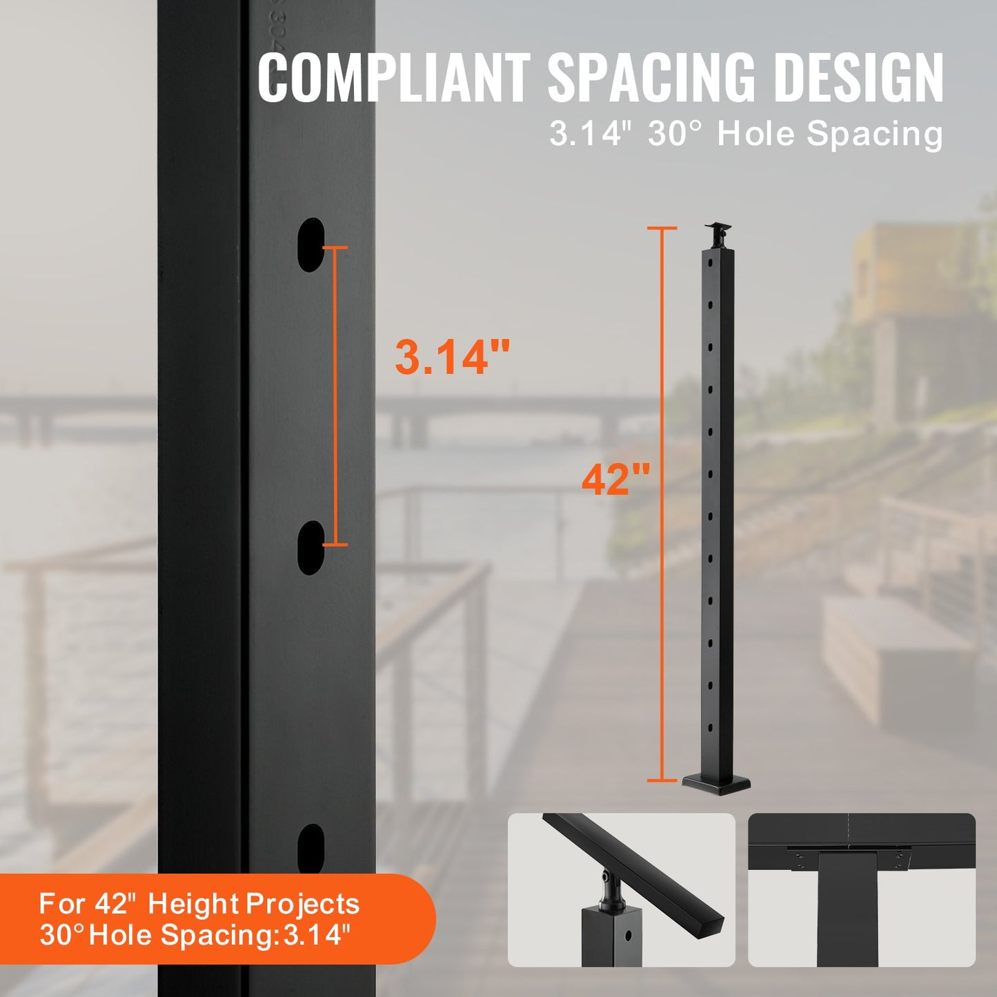 VEVOR Cable Railing Post, 42" x 1" x 2" Steel 30° Angled Hole Stair Railing Post,
