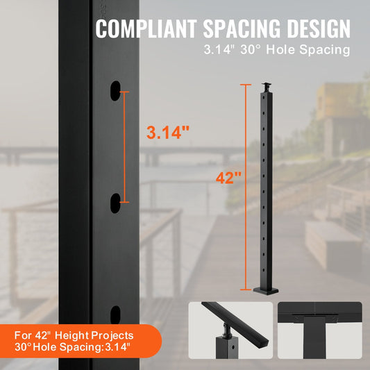 Stainless Steel Cable Railing Post with 30° Angled Holes, 106.7cm, Black