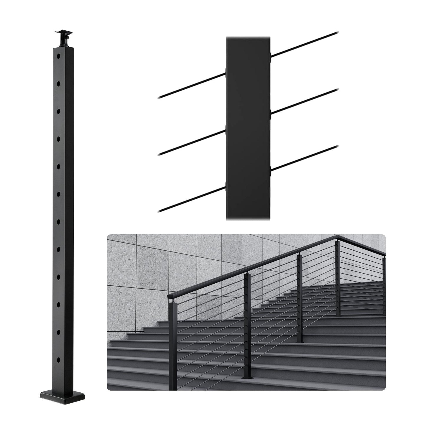 Stainless Steel Cable Railing Post with 30° Angled Holes, 106.7cm, Black