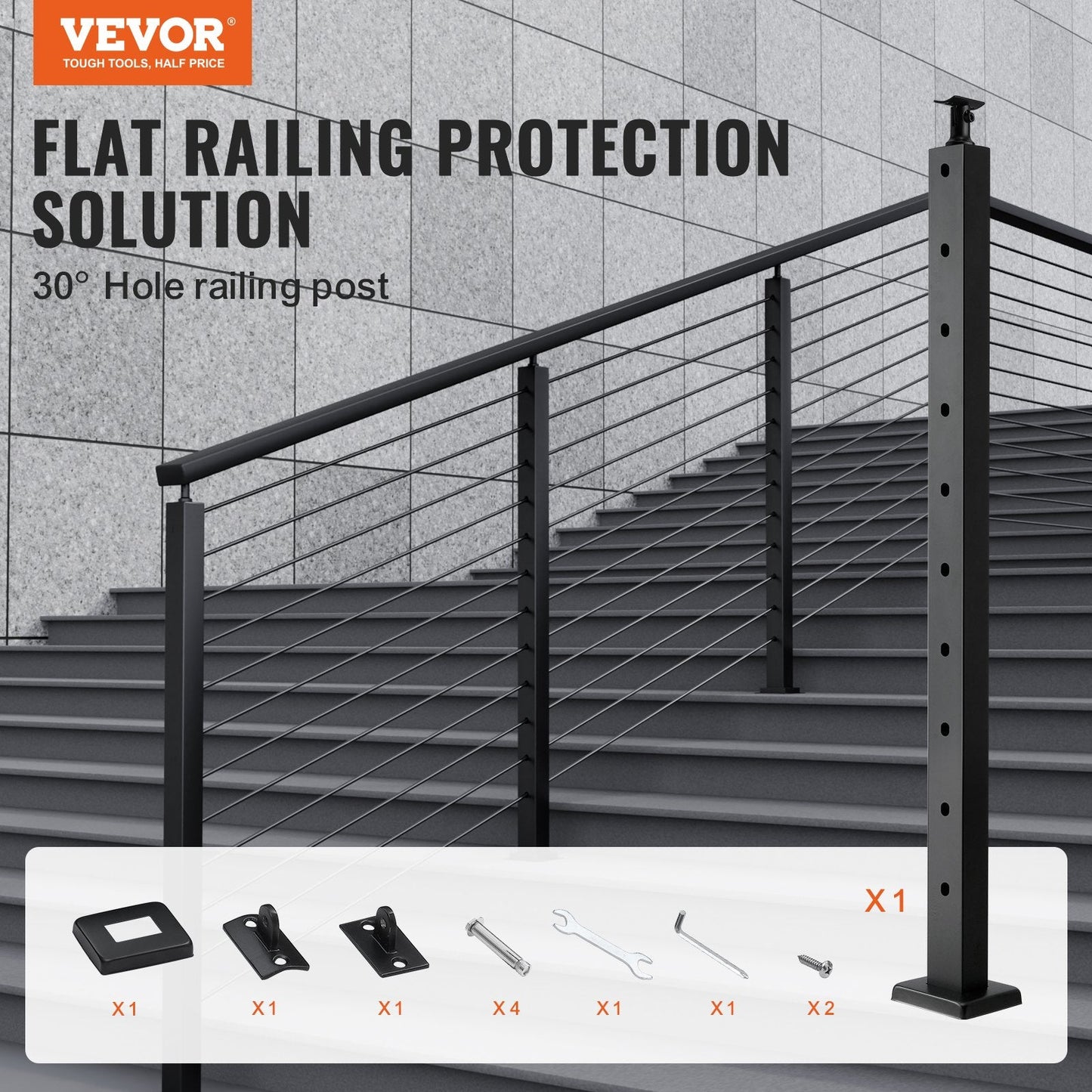 Stainless Steel Stair Railing Post with 30° Angled Holes, Black, 91.4cm