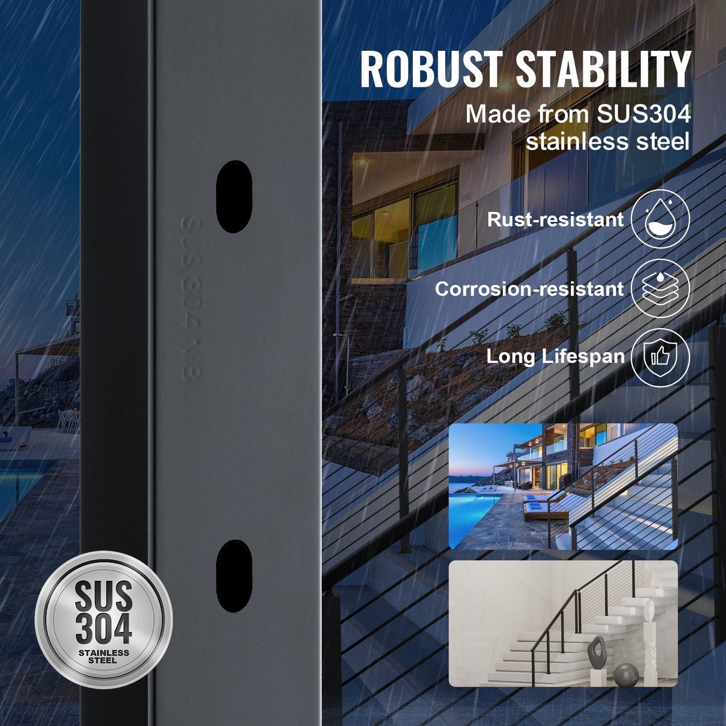 Stainless Steel Stair Railing Post with 30° Angled Holes, Black, 91.4cm