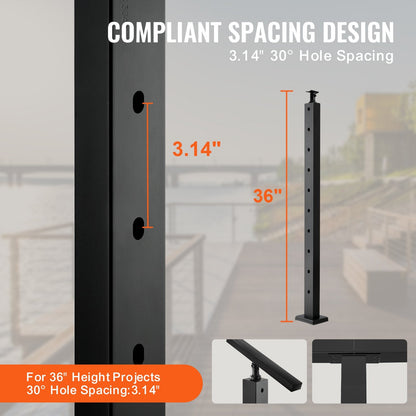 Stainless Steel Stair Railing Post with 30° Angled Holes, Black, 91.4cm