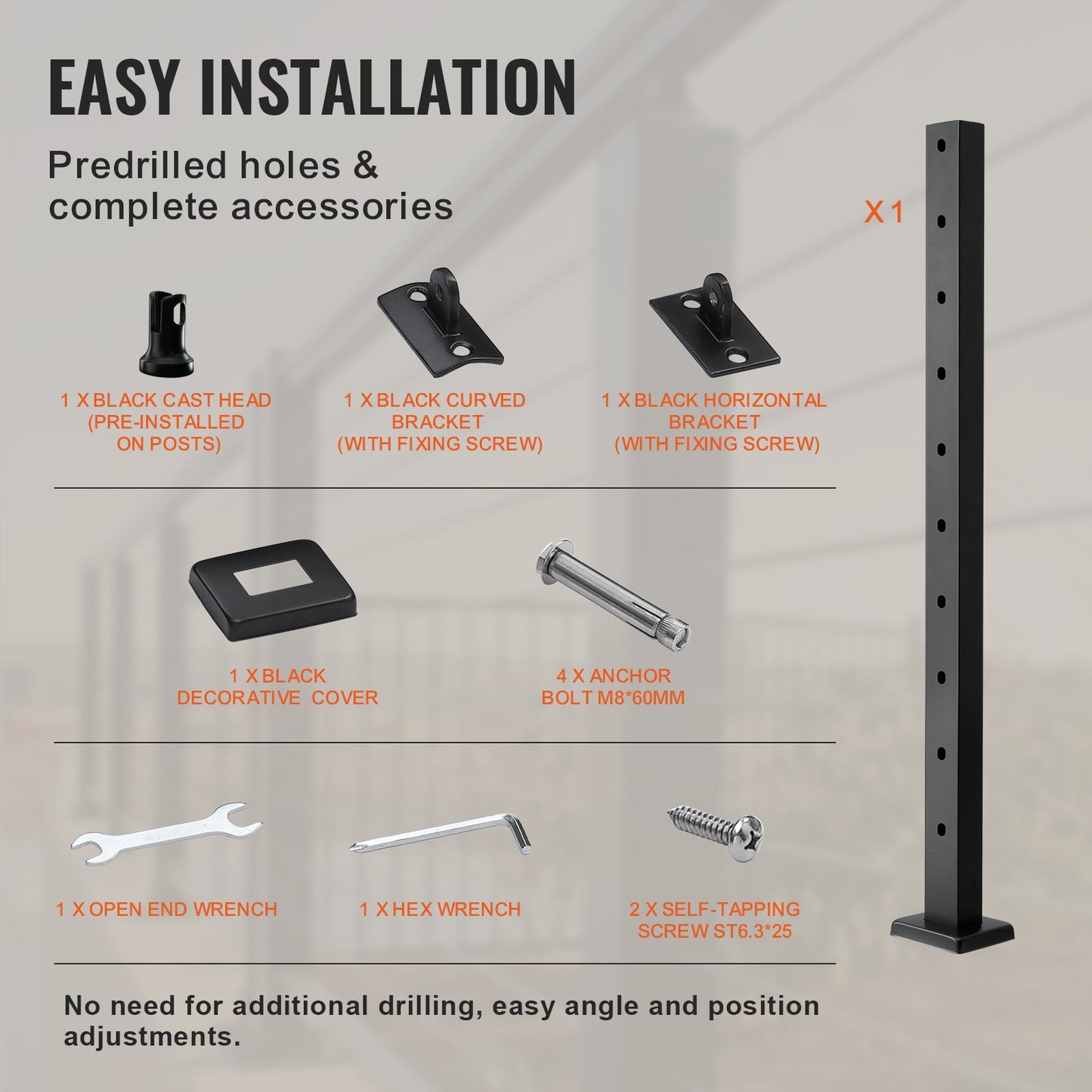 VEVOR Cable Railing Post, 36" x 1" x 2" Steel 30° Angled Hole Stair Railing Post,