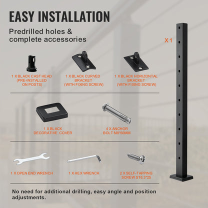 VEVOR Cable Railing Post, 36" x 1" x 2" Steel 30° Angled Hole Stair Railing Post,