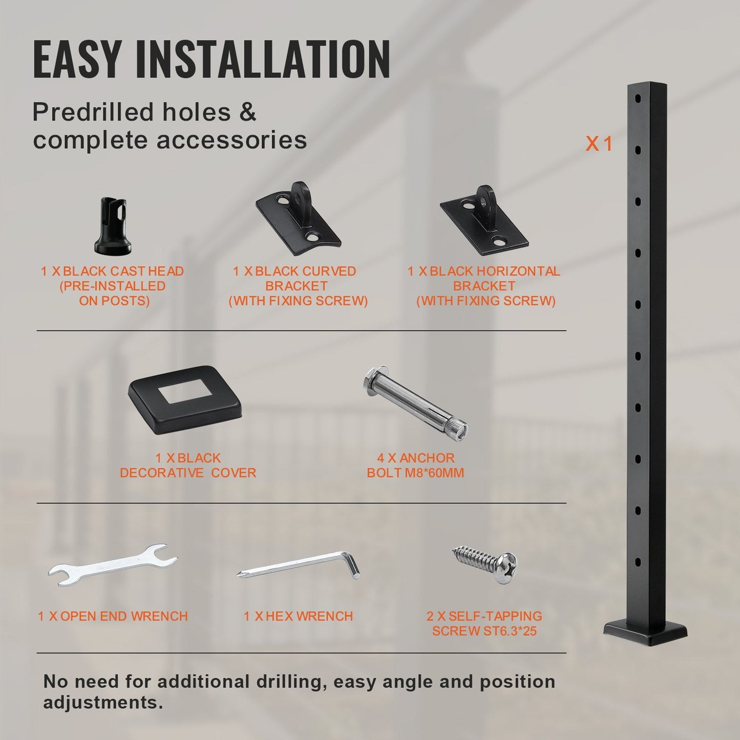 Stainless Steel Stair Railing Post with 30° Angled Holes, Black, 91.4cm