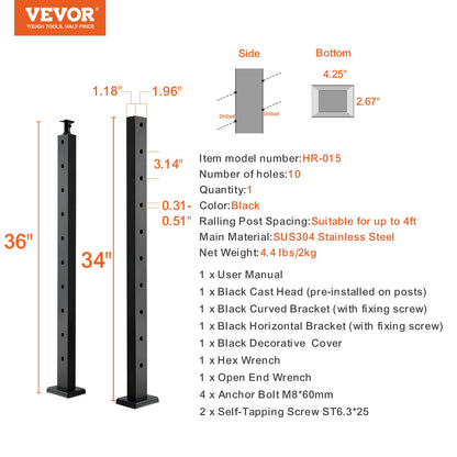 VEVOR Cable Railing Post, 36" x 1" x 2" Steel 30° Angled Hole Stair Railing Post,