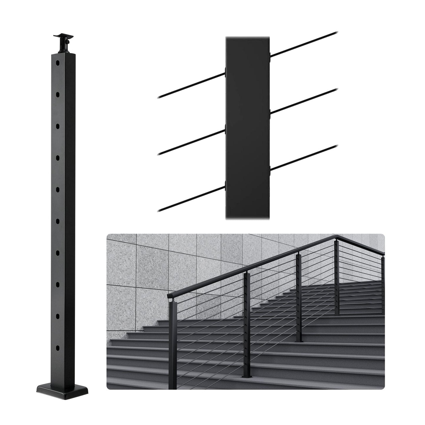 Stainless Steel Stair Railing Post with 30° Angled Holes, Black, 91.4cm