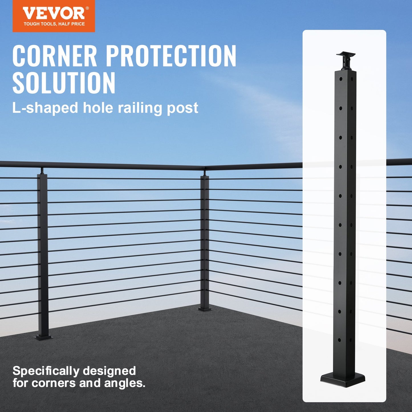 VEVOR Cable Railing Post, 36" x 1" x 2" Steel L-Shaped Hole Corner Railing Post,