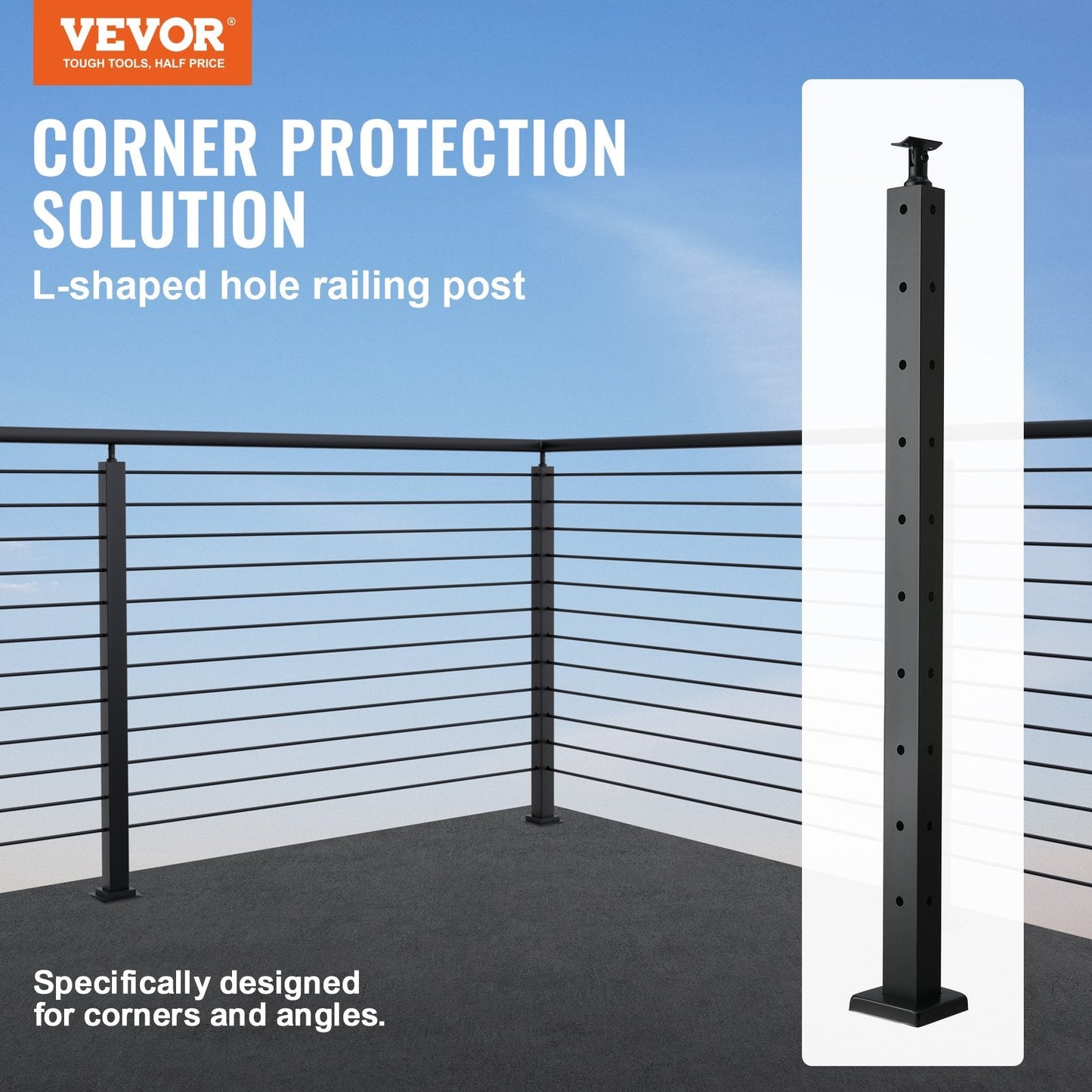Steel L-Shaped Corner Railing Post, 91.4 x 2.5 x 5 cm, 10 Holes, Black, 1-Pack