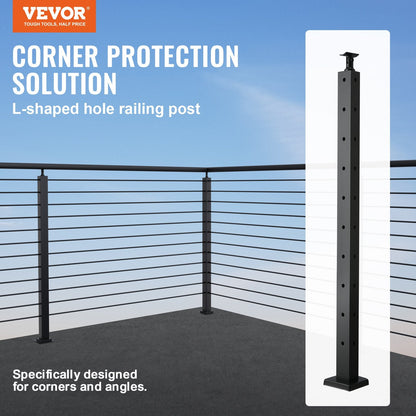 Steel L-Shaped Corner Railing Post, 91.4 x 2.5 x 5 cm, 10 Holes, Black, 1-Pack