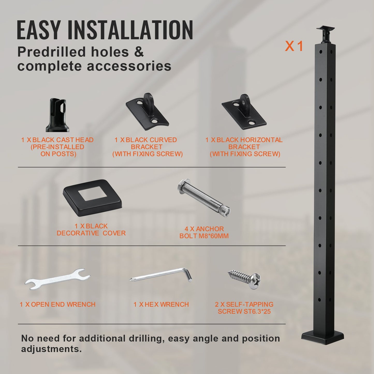 VEVOR Cable Railing Post, 36" x 1" x 2" Steel L-Shaped Hole Corner Railing Post,