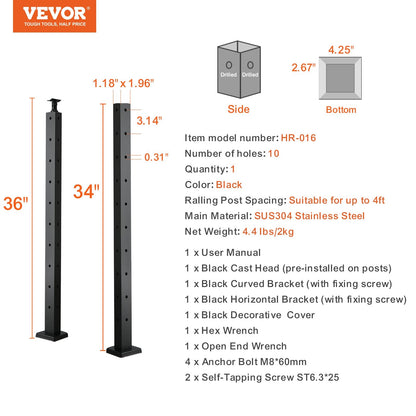 Steel L-Shaped Corner Railing Post, 91.4 x 2.5 x 5 cm, 10 Holes, Black, 1-Pack