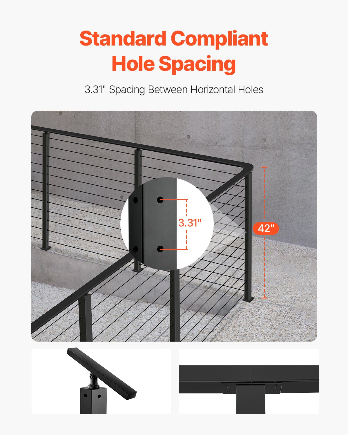 Cable Railing Post, 1.07 m Corner Railing Post, with L-Shaped Pre-Drilled Holes, Stainless Steel Cable Rail Post with Horizontal and Curved Bracket, 1-Pack, Black, 1JZLGZXHS10607YXO001V0