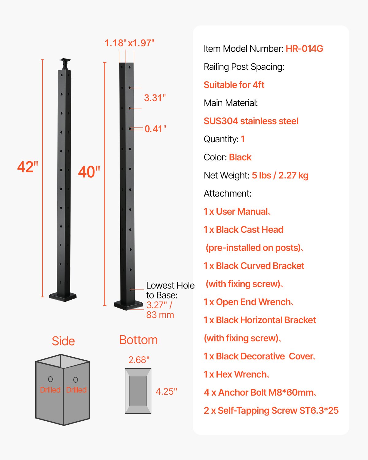 Cable Railing Post, 1.07 m Corner Railing Post, with L-Shaped Pre-Drilled Holes, Stainless Steel Cable Rail Post with Horizontal and Curved Bracket, 1-Pack, Black, 1JZLGZXHS10607YXO001V0