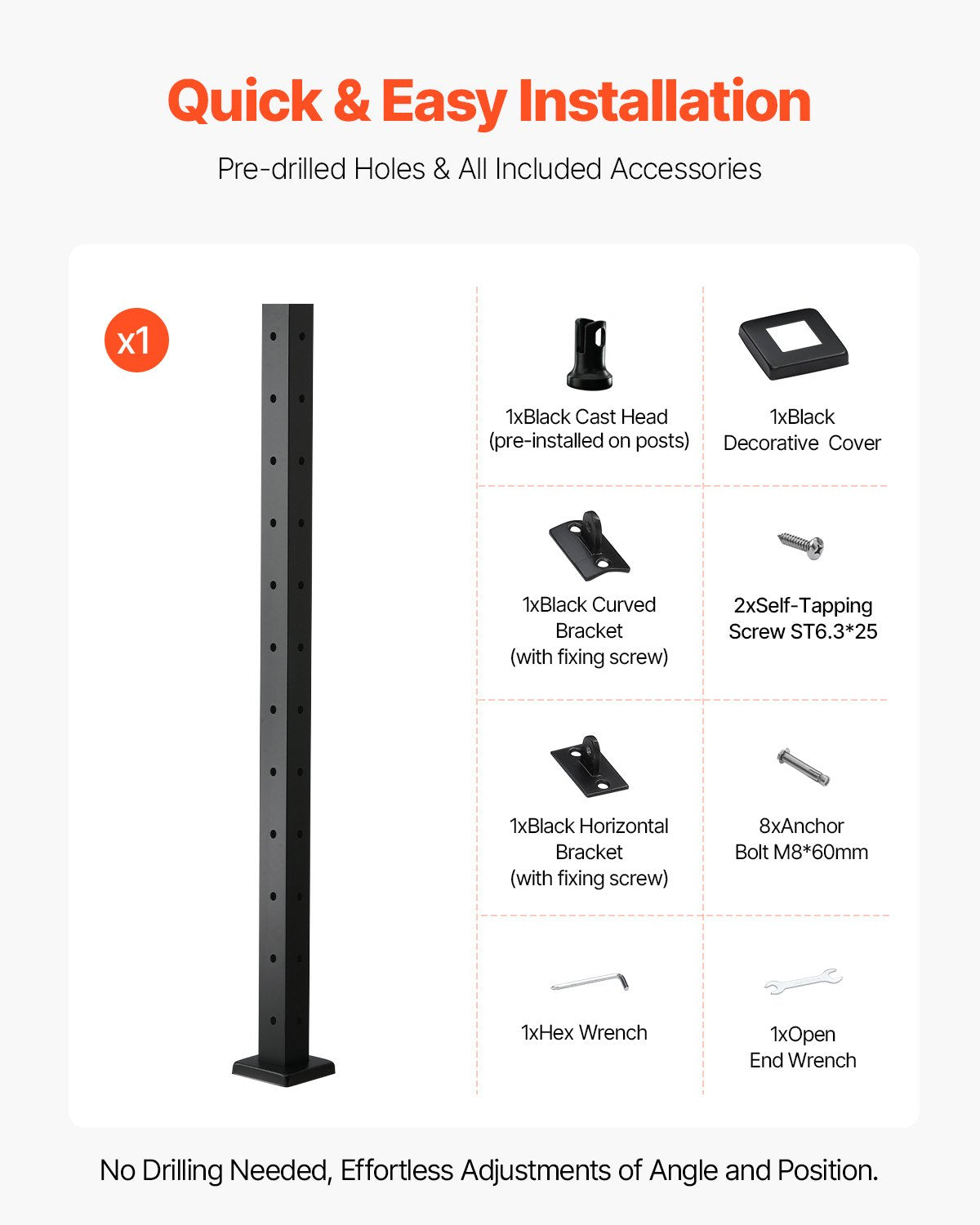 Cable Railing Post, 106.7x5x5cm Corner Railing Post, with L-Shaped Pre-Drilled Holes, Stainless Steel Cable Rail Post with Horizontal and Curved Bracket, 1-Pack, Black, 1JZLGZXHS1065S1EW001V0
