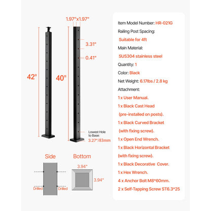 VEVOR Cable Railing Post 42x2x2 Inch Pre-Drilled Post 1JZLGZXHS106AWJO6001V0
