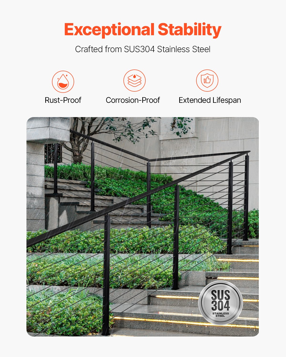 Cable Railing Post,106.7x2.5x5cm Stair Railing Post, with Pre-Drilled 30° Angled Holes, Stainless Steel Cable Rail Post with Horizontal and Curved Bracket, 1-Pack, Black, 1JZLGZXHS106VRA3X001V0