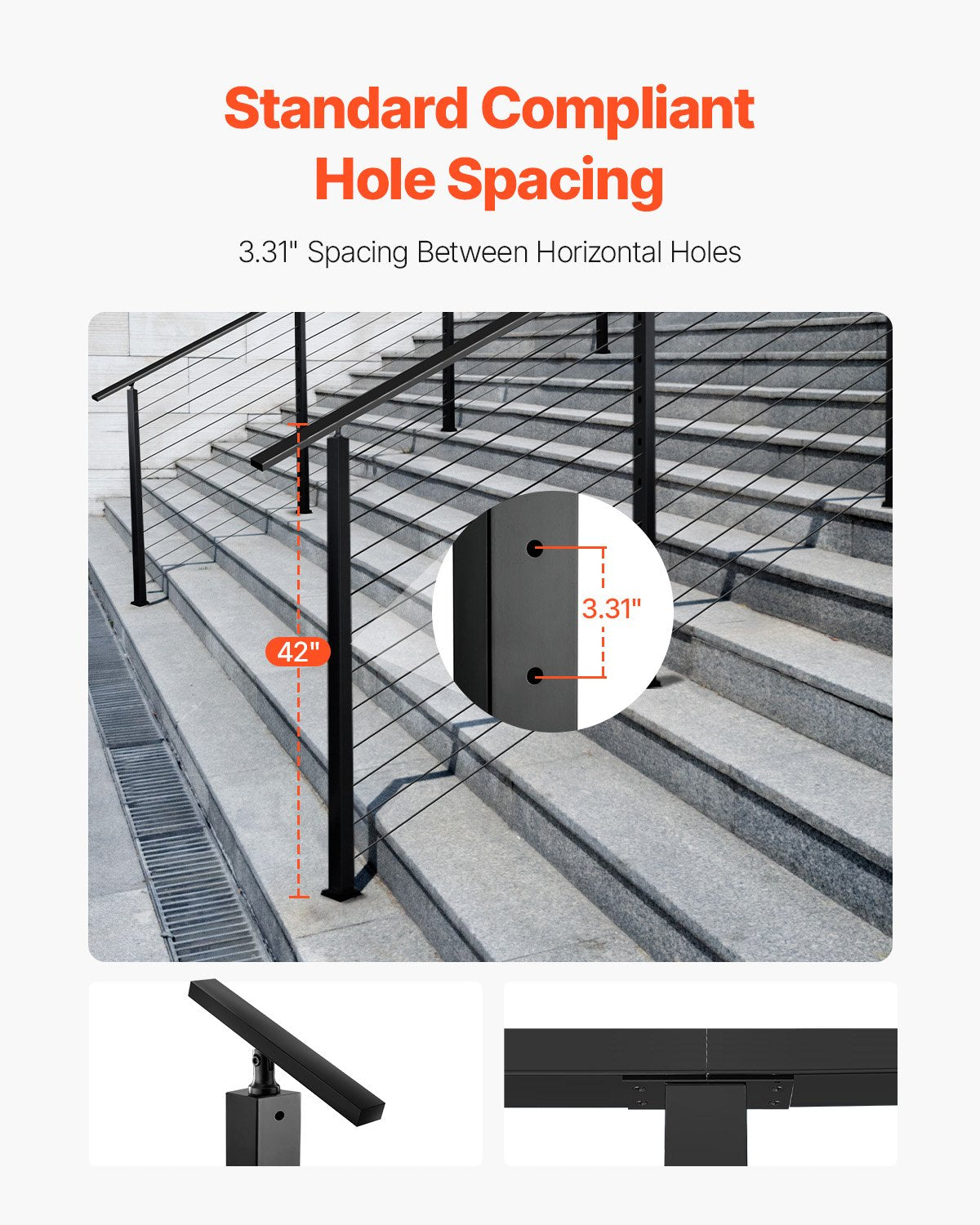 Cable Railing Post,106.7x2.5x5cm Stair Railing Post, with Pre-Drilled 30° Angled Holes, Stainless Steel Cable Rail Post with Horizontal and Curved Bracket, 1-Pack, Black, 1JZLGZXHS106VRA3X001V0
