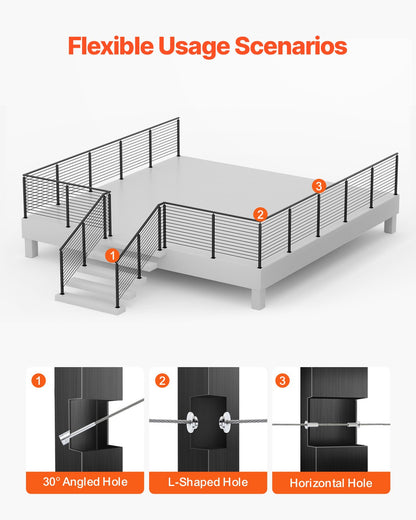 Cable Railing Post,106.7x2.5x5cm Stair Railing Post, with Pre-Drilled 30° Angled Holes, Stainless Steel Cable Rail Post with Horizontal and Curved Bracket, 1-Pack, Black, 1JZLGZXHS106VRA3X001V0