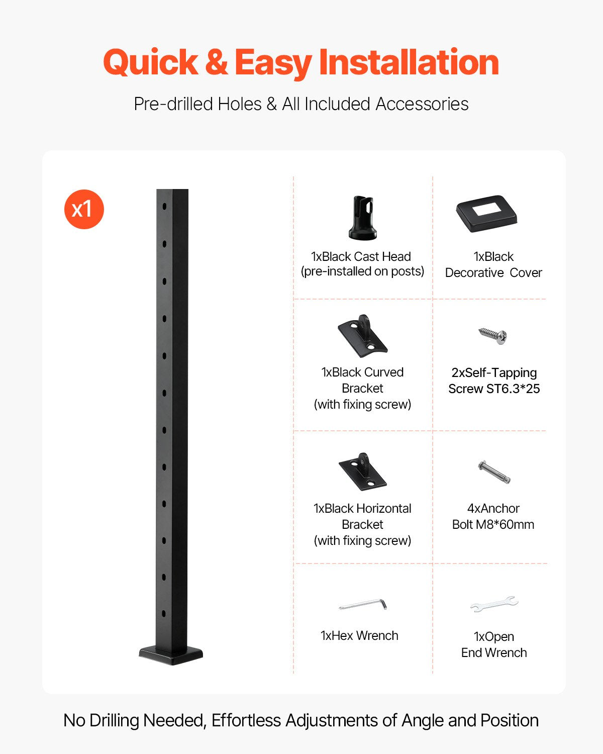 Cable Railing Post,106.7x2.5x5cm Stair Railing Post, with Pre-Drilled 30° Angled Holes, Stainless Steel Cable Rail Post with Horizontal and Curved Bracket, 1-Pack, Black, 1JZLGZXHS106VRA3X001V0