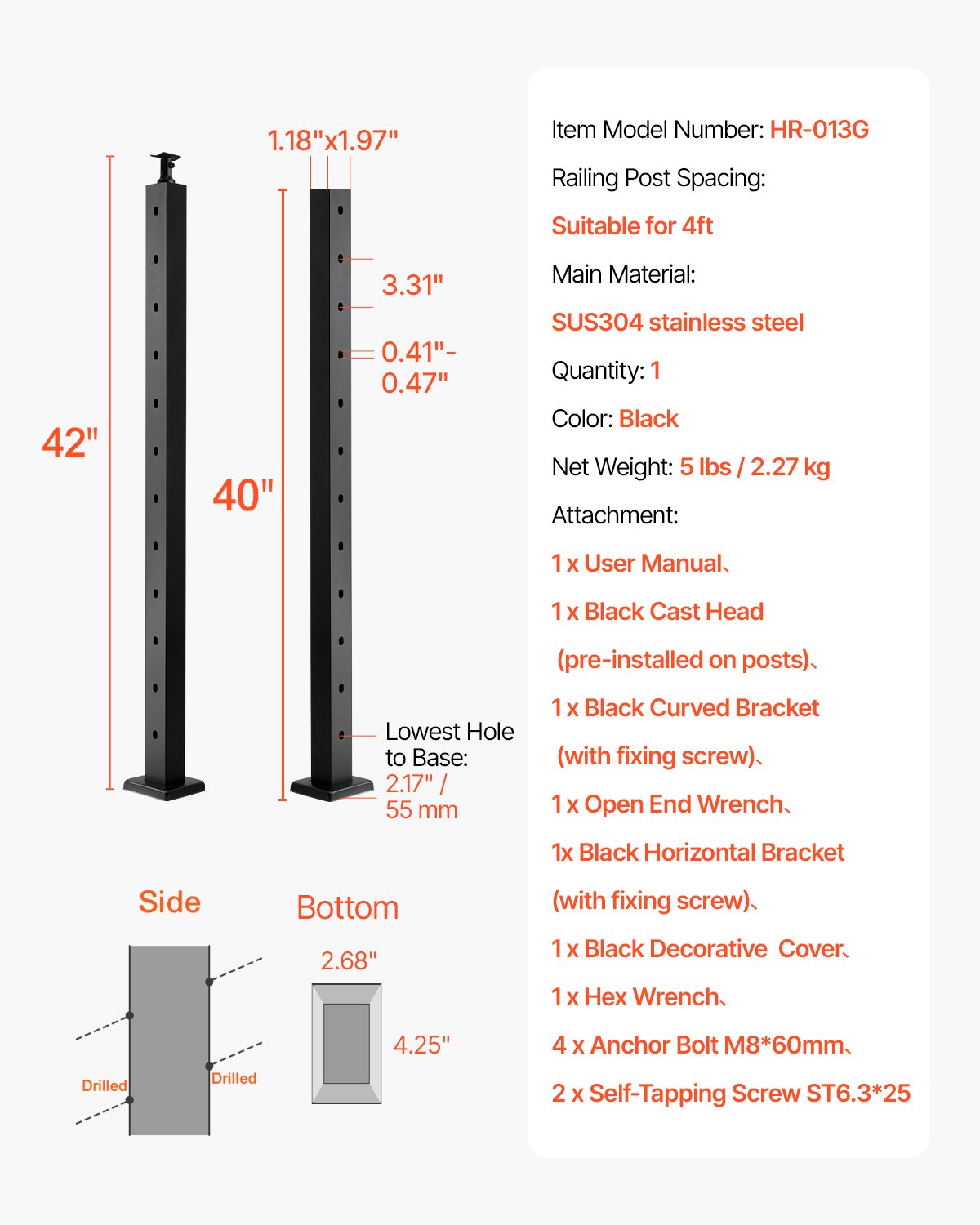 Cable Railing Post,106.7x2.5x5cm Stair Railing Post, with Pre-Drilled 30° Angled Holes, Stainless Steel Cable Rail Post with Horizontal and Curved Bracket, 1-Pack, Black, 1JZLGZXHS106VRA3X001V0