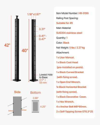 Cable Railing Post,106.7x2.5x5cm Stair Railing Post, with Pre-Drilled 30° Angled Holes, Stainless Steel Cable Rail Post with Horizontal and Curved Bracket, 1-Pack, Black, 1JZLGZXHS106VRA3X001V0