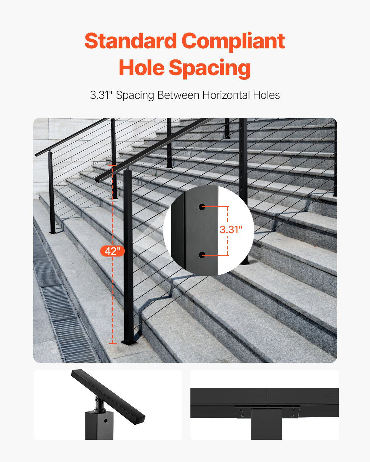 Cable Railing Post, 106.7x5x5cm Stair Railing Post, with Pre-Drilled 30° Angled Holes, Stainless Steel Cable Rail Post with Horizontal and Curved Bracket, 1-Pack, Black, 1JZLGZXHS106W3XAA001V0