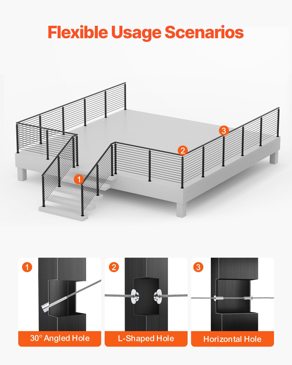 Cable Railing Post, 106.7x5x5cm Stair Railing Post, with Pre-Drilled 30° Angled Holes, Stainless Steel Cable Rail Post with Horizontal and Curved Bracket, 1-Pack, Black, 1JZLGZXHS106W3XAA001V0