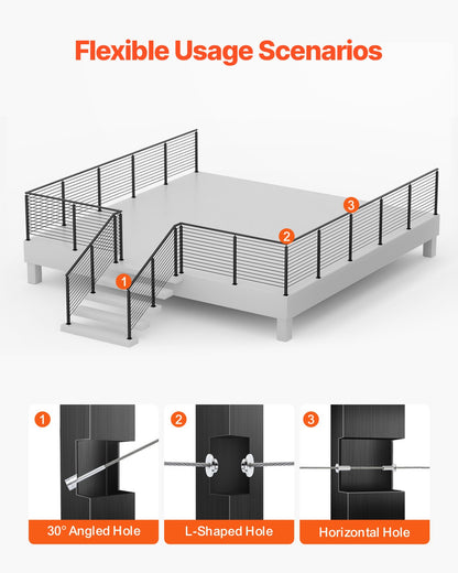 Cable Railing Post, 106.7x5x5cm Stair Railing Post, with Pre-Drilled 30° Angled Holes, Stainless Steel Cable Rail Post with Horizontal and Curved Bracket, 1-Pack, Black, 1JZLGZXHS106W3XAA001V0