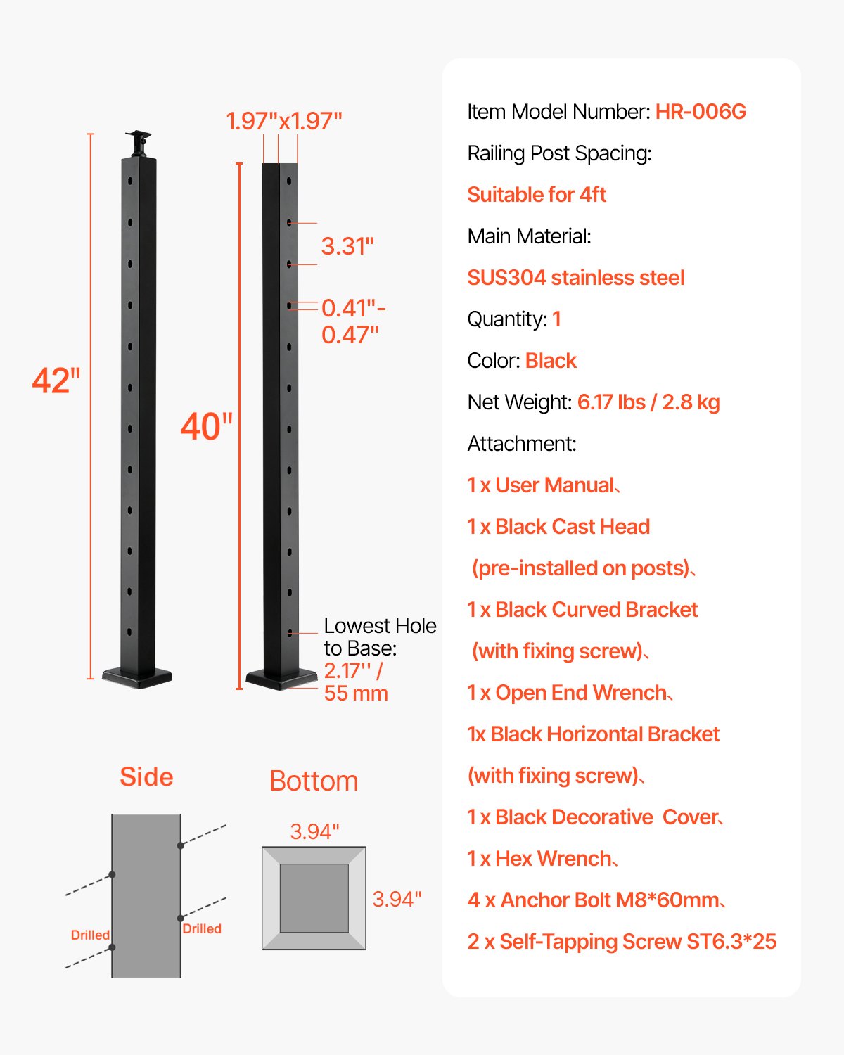 Cable Railing Post, 106.7x5x5cm Stair Railing Post, with Pre-Drilled 30° Angled Holes, Stainless Steel Cable Rail Post with Horizontal and Curved Bracket, 1-Pack, Black, 1JZLGZXHS106W3XAA001V0