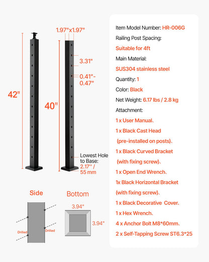 Cable Railing Post, 106.7x5x5cm Stair Railing Post, with Pre-Drilled 30° Angled Holes, Stainless Steel Cable Rail Post with Horizontal and Curved Bracket, 1-Pack, Black, 1JZLGZXHS106W3XAA001V0