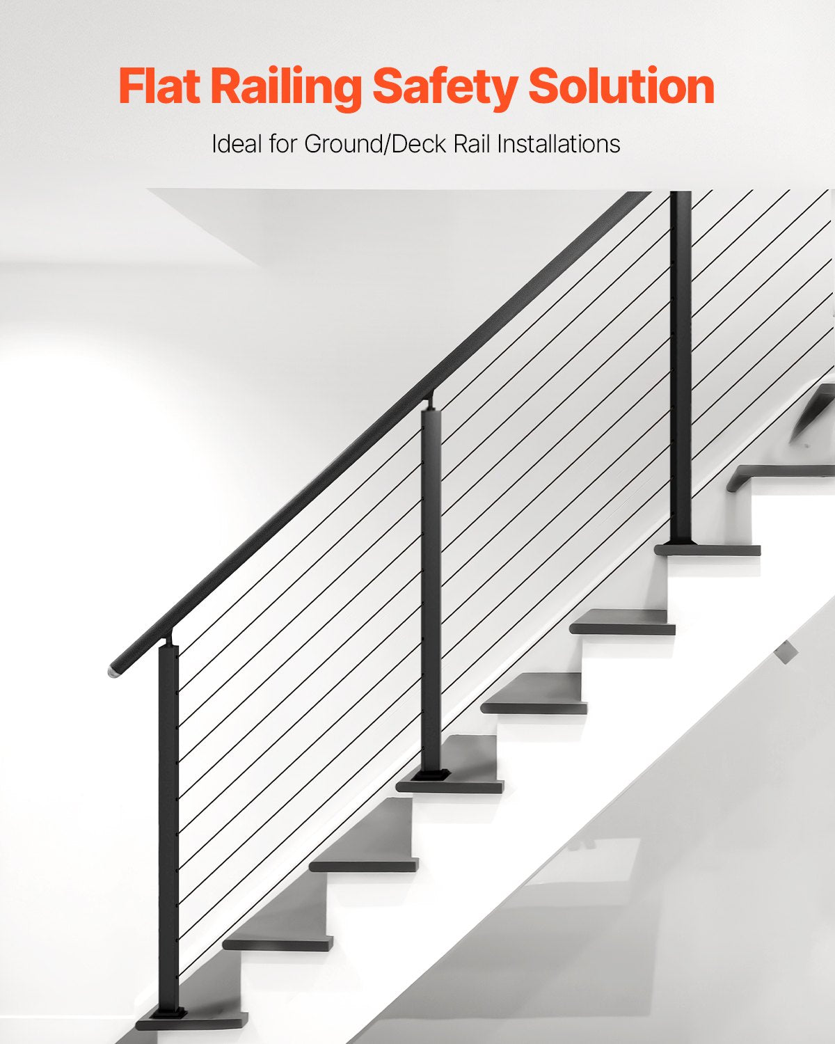 Cable Railing Post, 36x1x2 Inch Stair Railing Post, with Pre-Drilled 30° Angled Holes, Stainless Steel Cable Rail Post with Horizontal and Curved Bracket, 1-Pack, Black, 1JZLGZXHS91402OS1001V0