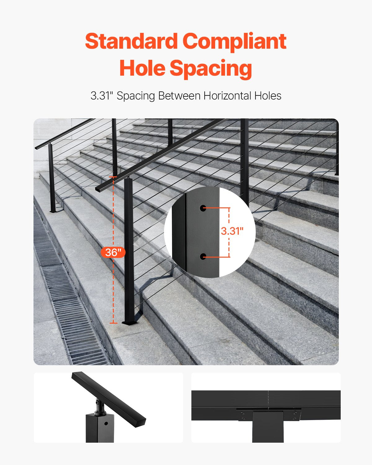 Cable Railing Post, 36x1x2 Inch Stair Railing Post, with Pre-Drilled 30° Angled Holes, Stainless Steel Cable Rail Post with Horizontal and Curved Bracket, 1-Pack, Black, 1JZLGZXHS91402OS1001V0
