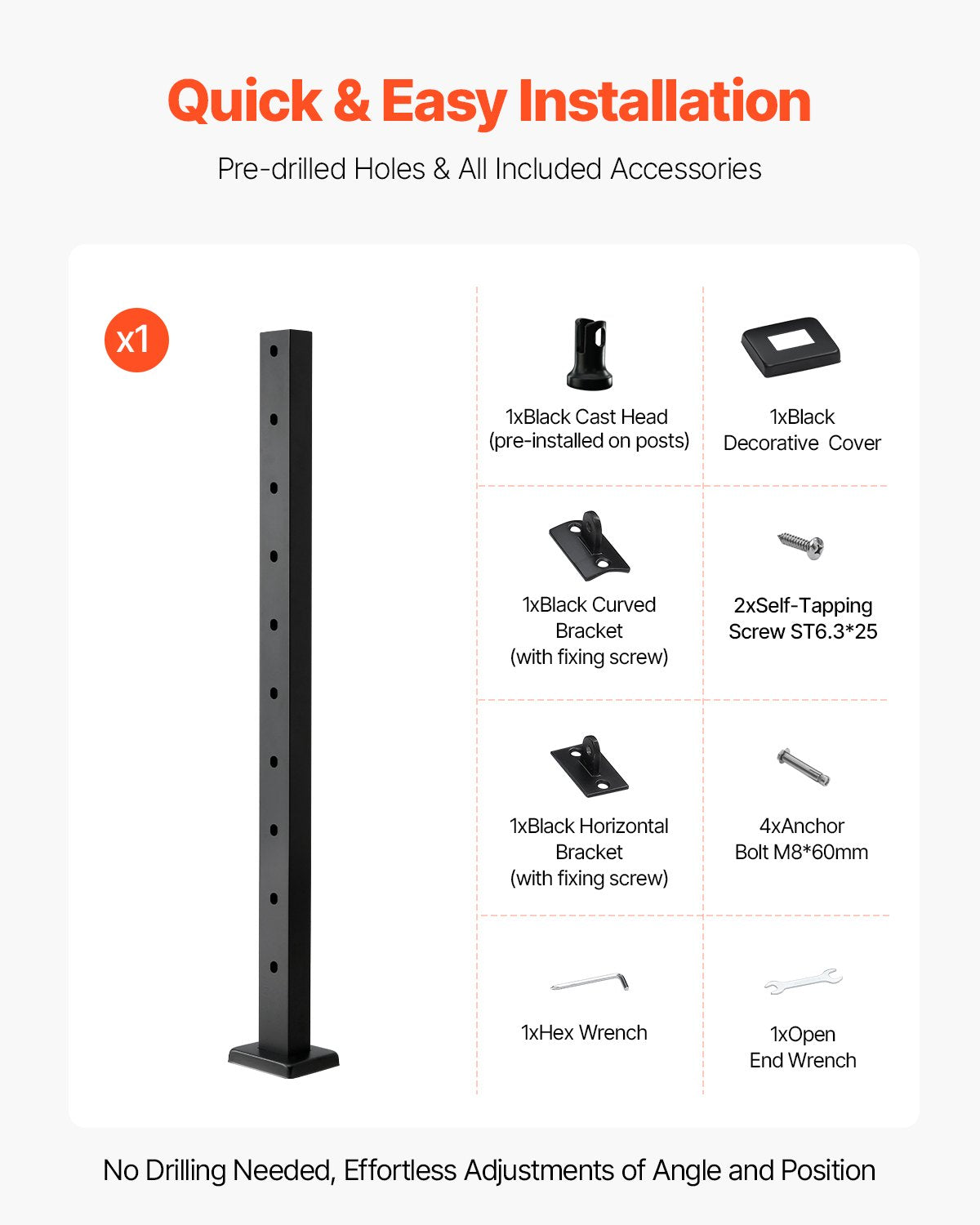 Cable Railing Post, 36x1x2 Inch Stair Railing Post, with Pre-Drilled 30° Angled Holes, Stainless Steel Cable Rail Post with Horizontal and Curved Bracket, 1-Pack, Black, 1JZLGZXHS91402OS1001V0