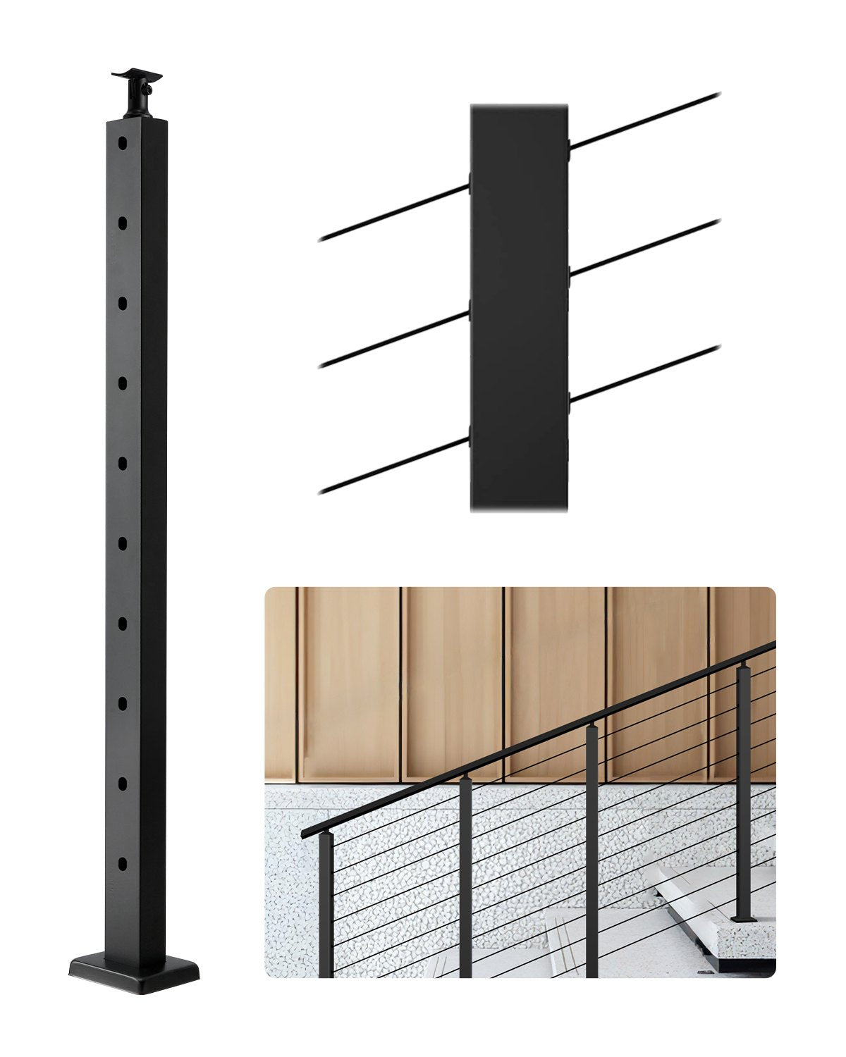 Cable Railing Post, 36x1x2 Inch Stair Railing Post, with Pre-Drilled 30° Angled Holes, Stainless Steel Cable Rail Post with Horizontal and Curved Bracket, 1-Pack, Black, 1JZLGZXHS91402OS1001V0