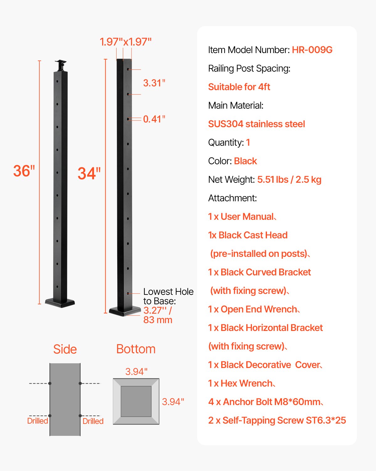 1-Pack Cable Railing Post, 91.4x5x5cm Horizontal-Hole Deck Railing Post with Pre-Drilled Holes, Stainless Steel Cable Rail Post with Horizontal and Curved Bracket, Black, 1JZLGZXHS9148RVYS001V0