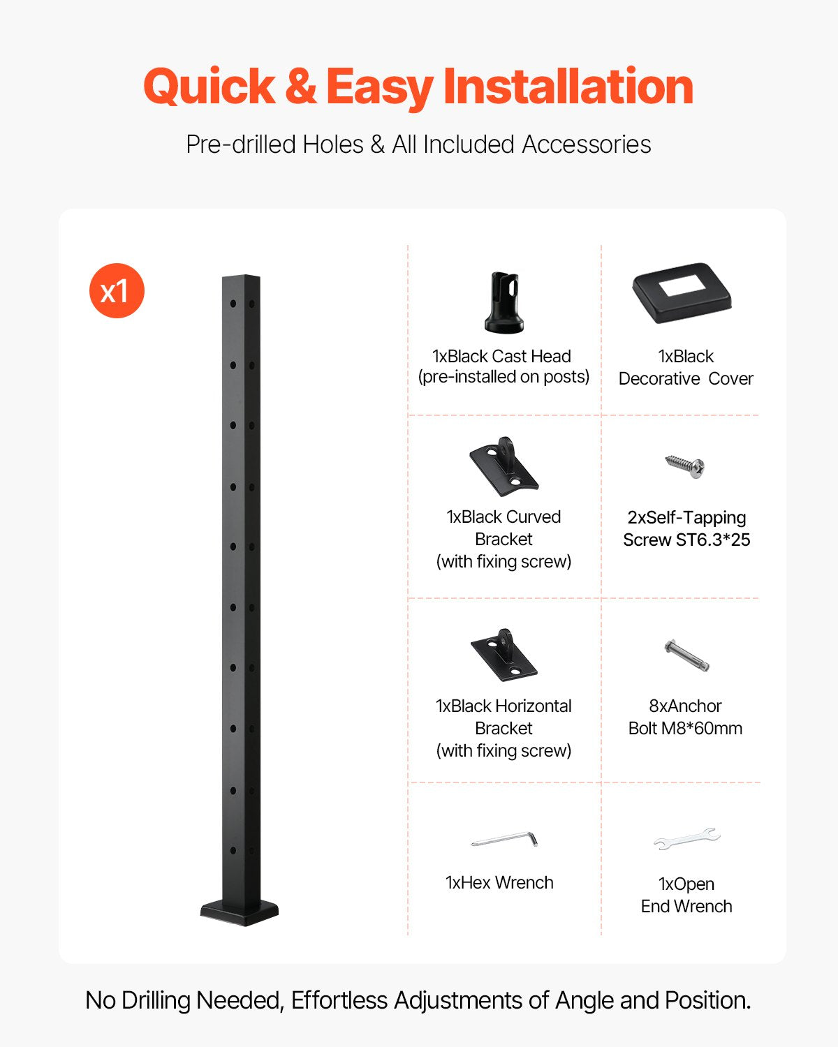 Cable Railing Post, 36x1x2 Inch Corner Railing Post, with L-Shaped Pre-Drilled Holes, Stainless Steel Cable Rail Post with Horizontal and Curved Bracket, 1-Pack, Black, 1JZLGZXHS914IVCFL001V0