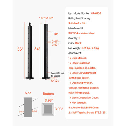 Cable Railing Post, 36x2x2 Inch Stair Railing Post, with Pre-Drilled 30° Angled Holes, Stainless Steel Cable Rail Post w