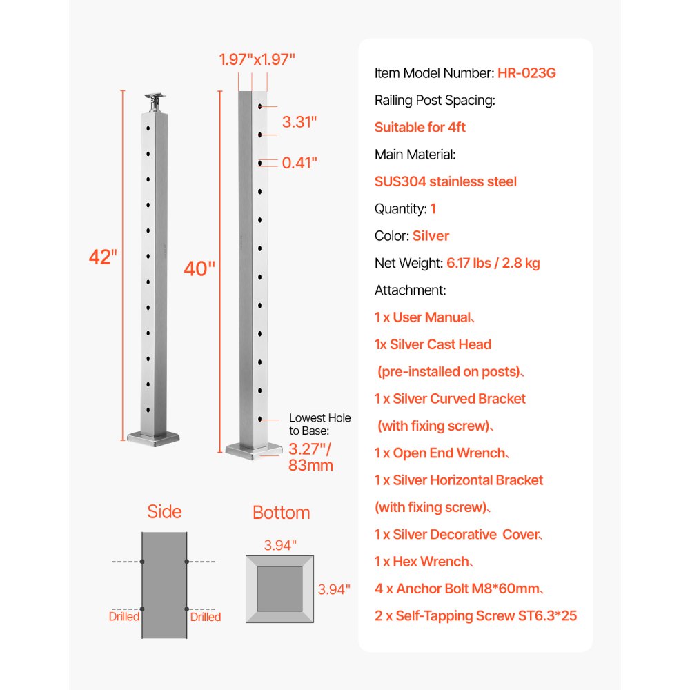 VEVOR Cable Railing Post 42x2x2 Inch Pre-Drilled Post 1JZLGZXYS1061EF8W001V0