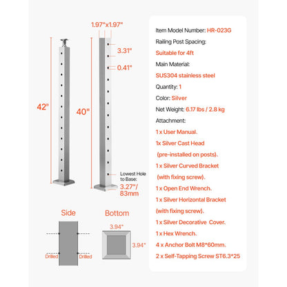 VEVOR Cable Railing Post 42x2x2 Inch Pre-Drilled Post 1JZLGZXYS1061EF8W001V0