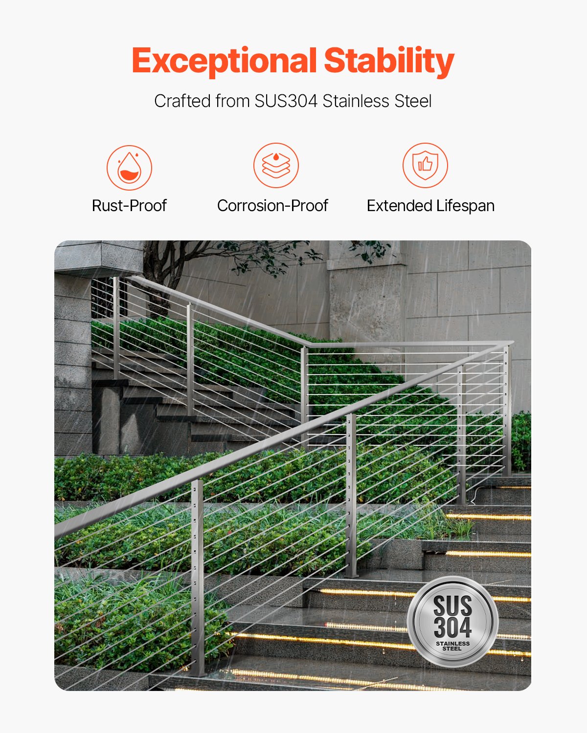 Cable Railing Post, 106.7x5x5cm Stair Railing Post, with Pre-Drilled 30° Angled Holes, Stainless Steel Cable Rail Post with Horizontal and Curved Bracket, 1-Pack, Silver, 1JZLGZXYS1062TLWC001V0