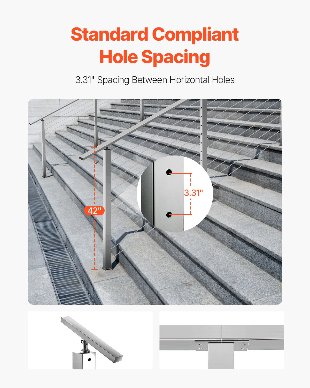 Cable Railing Post, 106.7x5x5cm Stair Railing Post, with Pre-Drilled 30° Angled Holes, Stainless Steel Cable Rail Post with Horizontal and Curved Bracket, 1-Pack, Silver, 1JZLGZXYS1062TLWC001V0