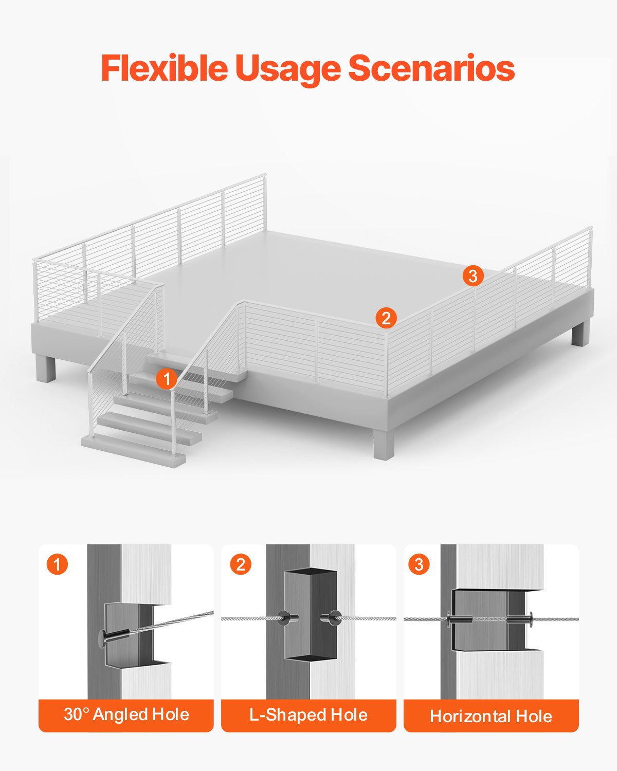 Cable Railing Post, 106.7x5x5cm Stair Railing Post, with Pre-Drilled 30° Angled Holes, Stainless Steel Cable Rail Post with Horizontal and Curved Bracket, 1-Pack, Silver, 1JZLGZXYS1062TLWC001V0