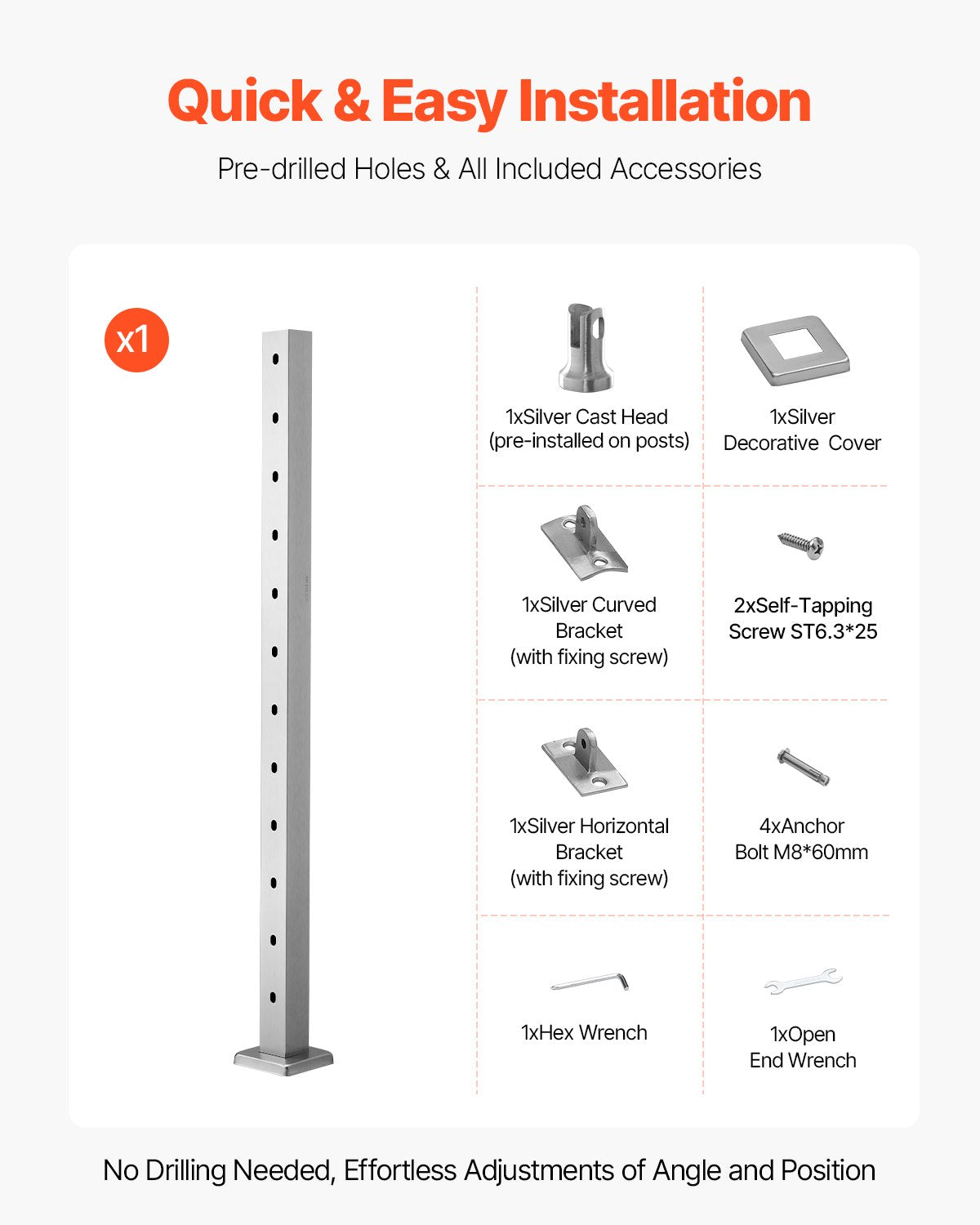 Cable Railing Post, 106.7x5x5cm Stair Railing Post, with Pre-Drilled 30° Angled Holes, Stainless Steel Cable Rail Post with Horizontal and Curved Bracket, 1-Pack, Silver, 1JZLGZXYS1062TLWC001V0