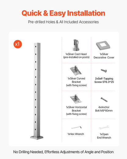 Cable Railing Post, 106.7x5x5cm Stair Railing Post, with Pre-Drilled 30° Angled Holes, Stainless Steel Cable Rail Post with Horizontal and Curved Bracket, 1-Pack, Silver, 1JZLGZXYS1062TLWC001V0