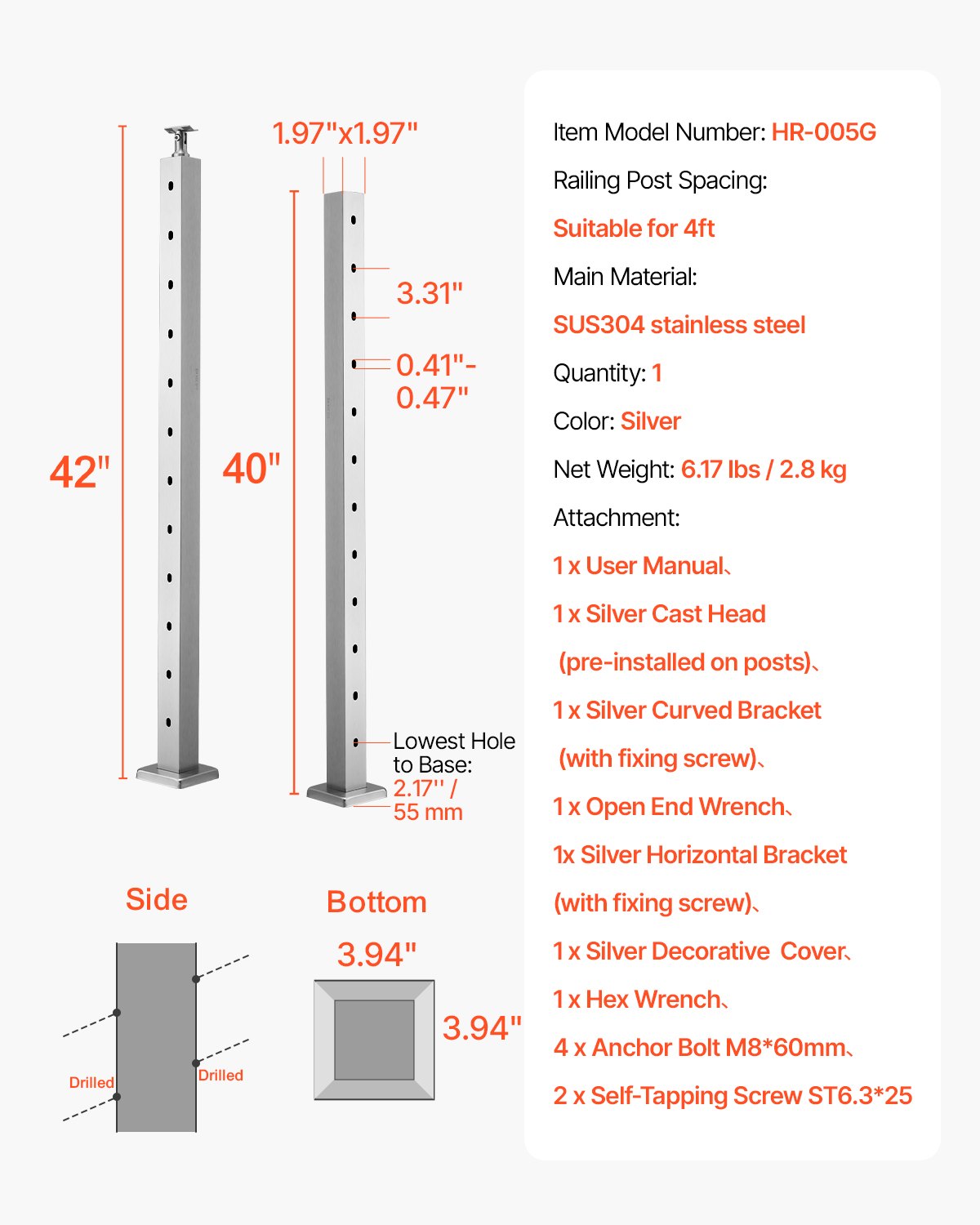 Cable Railing Post, 106.7x5x5cm Stair Railing Post, with Pre-Drilled 30° Angled Holes, Stainless Steel Cable Rail Post with Horizontal and Curved Bracket, 1-Pack, Silver, 1JZLGZXYS1062TLWC001V0