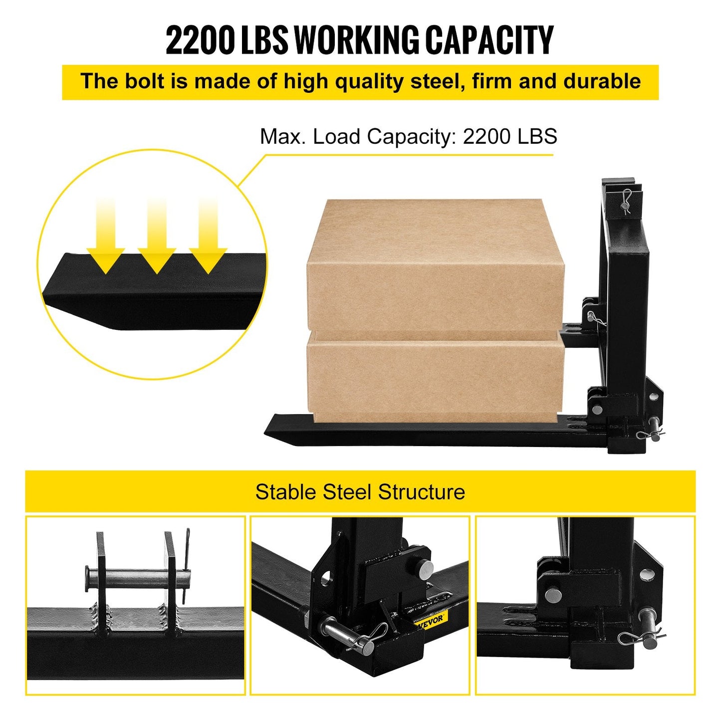 3-Point Hitch Pallet Fork Attachment, 3.9m x 0.56m x 1.04m, 997.9 kg Capacity Steel