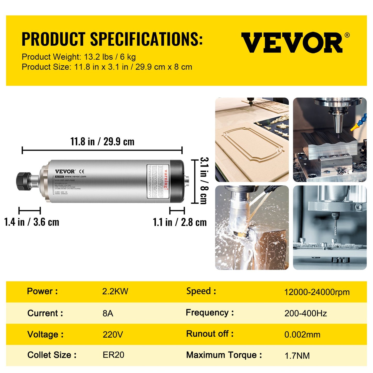 VEVOR Air Cooled Spindle Motor ER20 CNC Spindle Milling Motor 2.2KW Spindle Motor