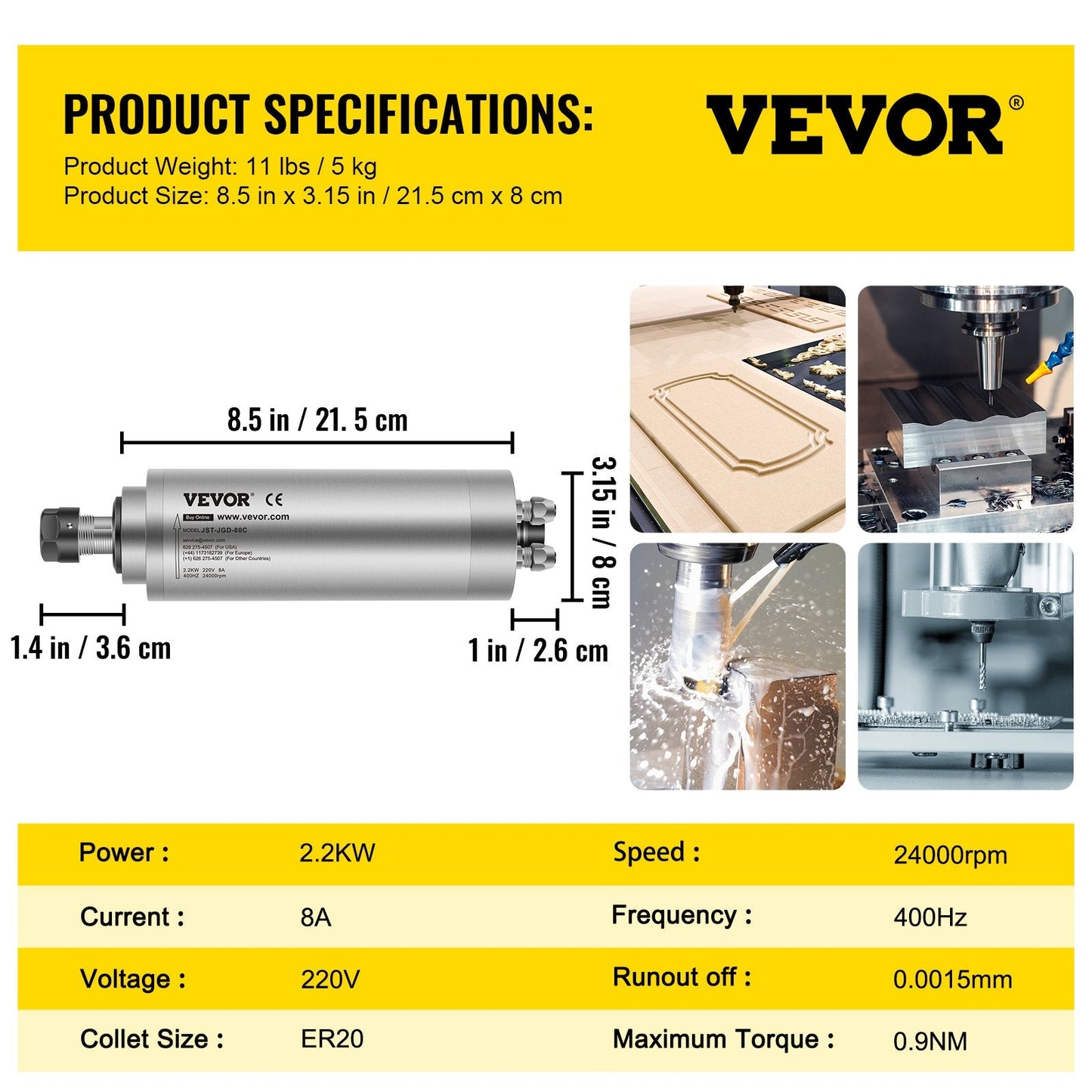 2.2KW Water-Cooled Spindle Motor, 8cm Diameter, ER11, 220V, Noise Reduction